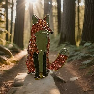 Enamel Gray  & Red FOX Brooch Pin -New Old Stock